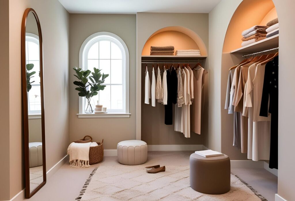Modern walk-in closet with an arched full length mirror beside a clothing rack, soft neutral tones, cozy rug, stool or ottoman, boutique-inspired styling, warm ambient lighting