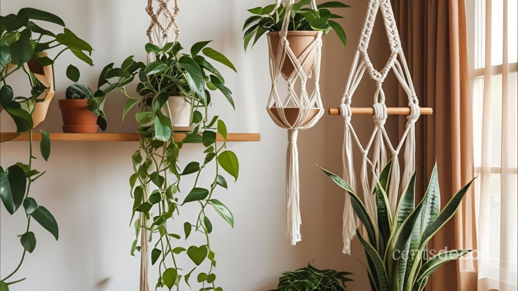 Bohemian shelf with indoor plants and hanging macrame planter near soft sheer curtains