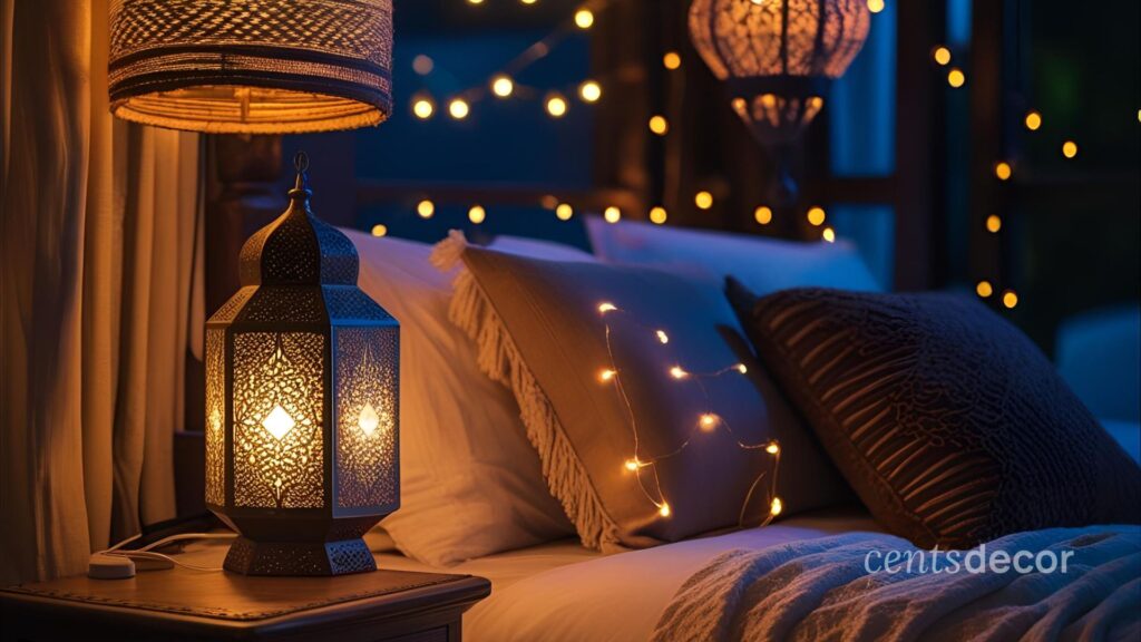 Boho bedroom with ambient lighting from fairy lights, Moroccan lamp, and bedside lamp