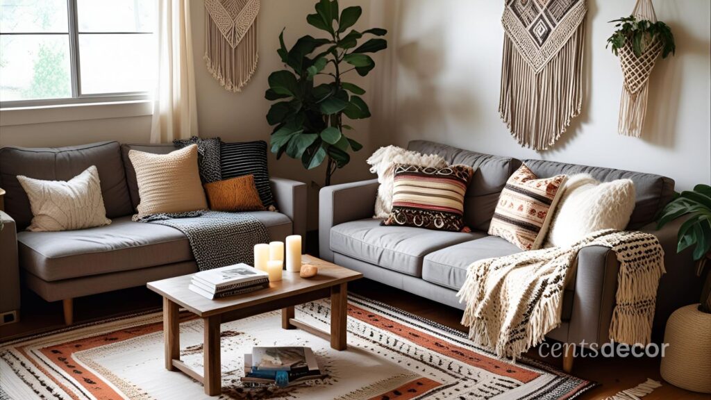 Boho-style living room with layered rugs, throw blankets, and a macrame wall hanging