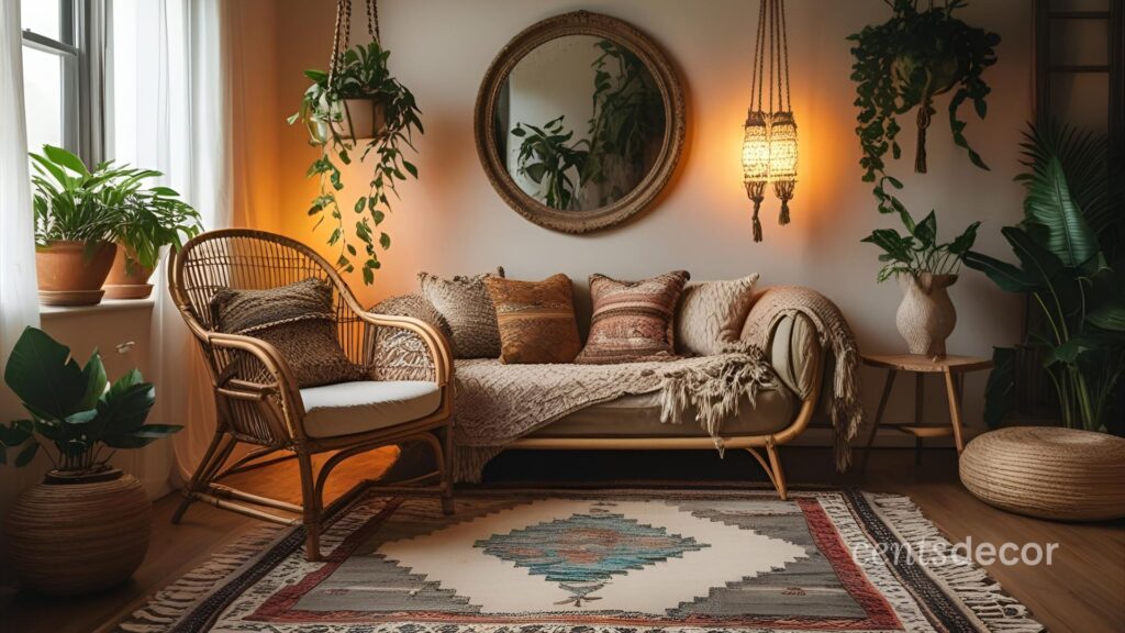 Cozy bohemian living room with layered rugs, rattan chair, hanging plants, and earthy-toned decor.