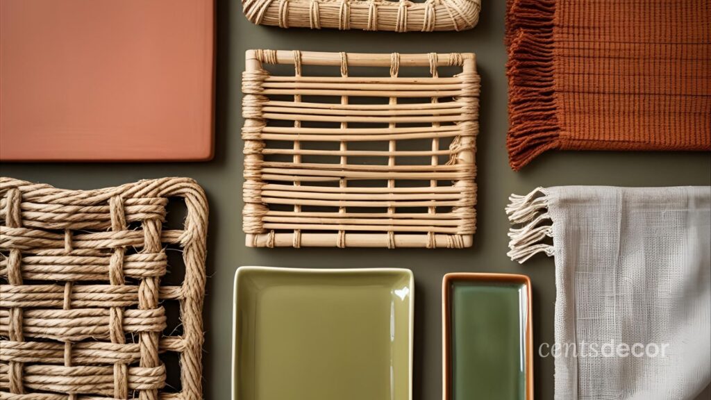 Flat lay of boho materials including jute, rattan, wood, ceramic, and linen in earthy colors